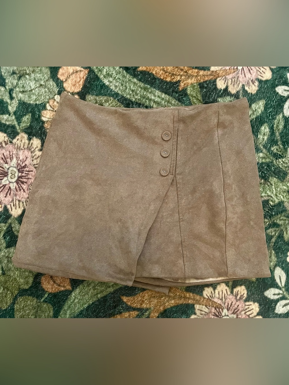 Tan Suede-Look Skort with Button Detail
